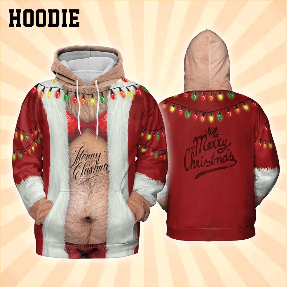 Funny Costume Ugly Fat Santa Tanktop Hoodie, Christmas Ugly Hairy Belly