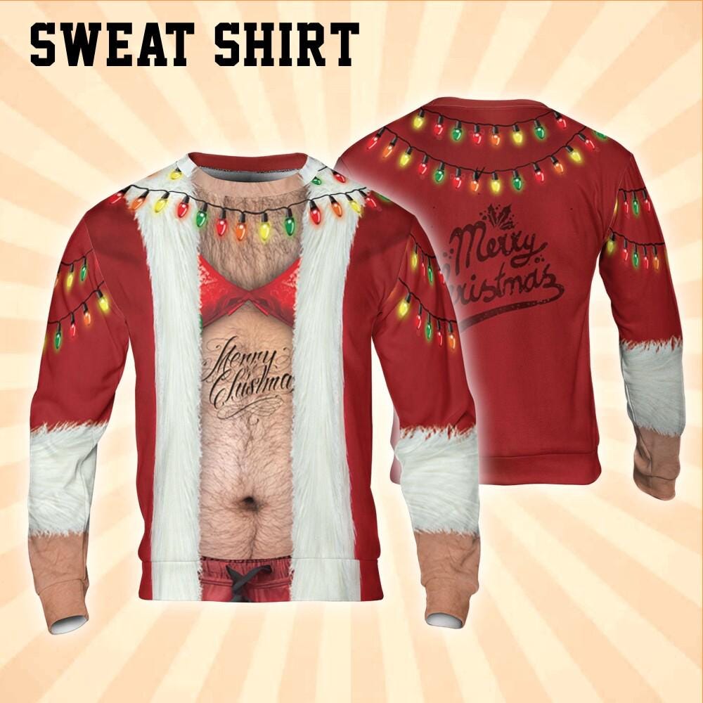 Funny Costume Ugly Fat Santa Tanktop Hoodie, Christmas Ugly Hairy Belly