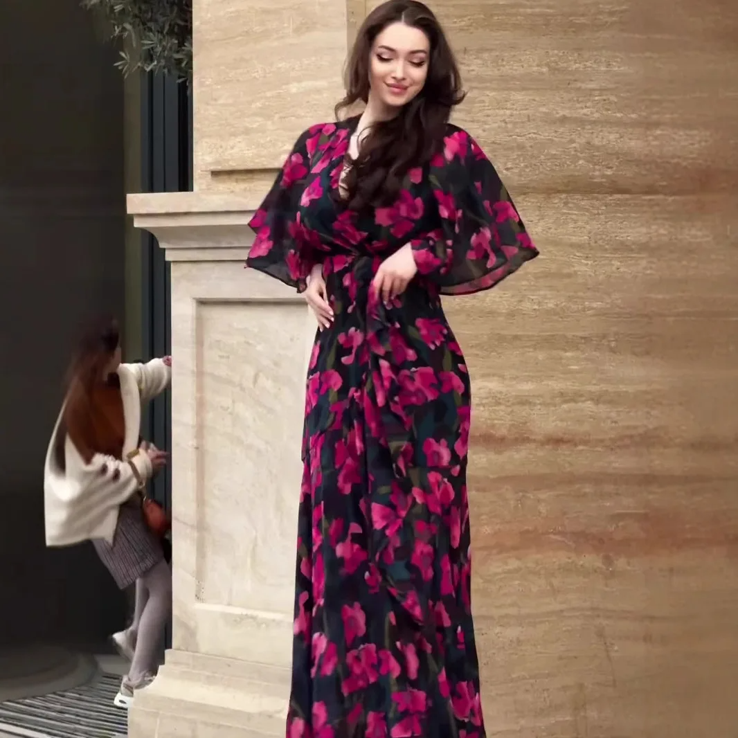 retro-v-neck-trumpet-sleeve-printed-dress
