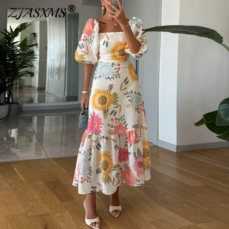 Square Neck Floral Print Puff Sleeve Midi Dress