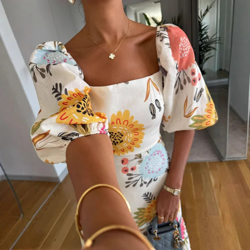 Square Neck Floral Print Puff Sleeve Midi Dress