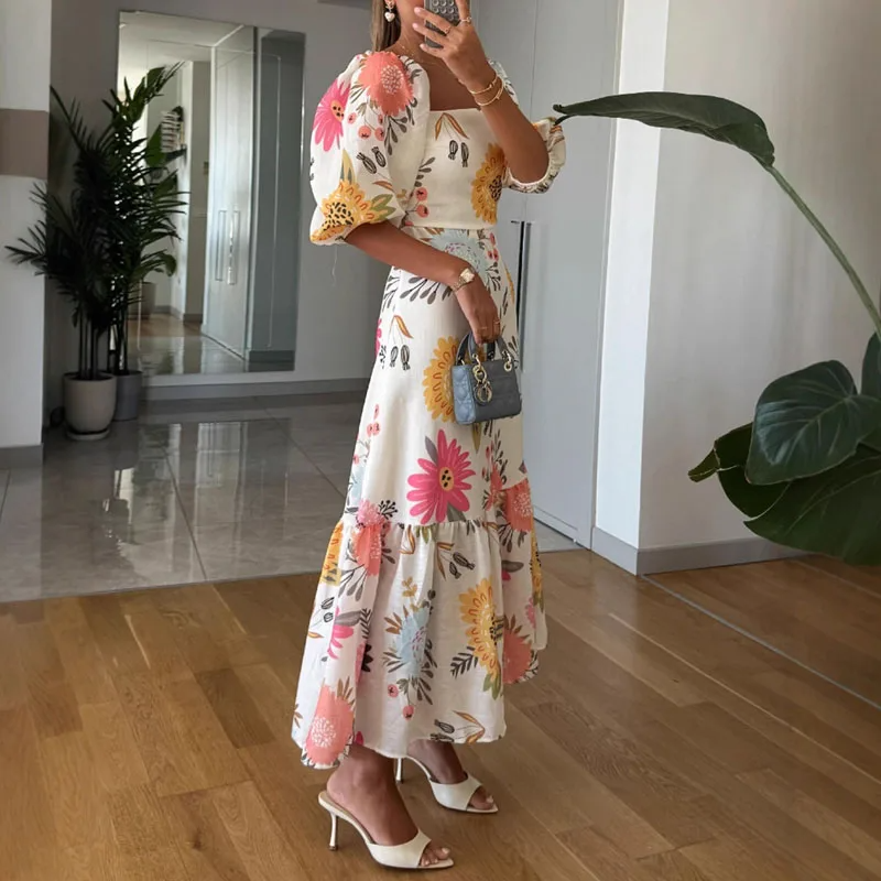 Square Neck Floral Print Puff Sleeve Midi Dress