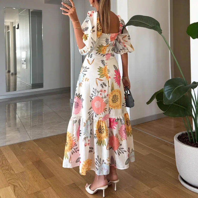 Square Neck Floral Print Puff Sleeve Midi Dress
