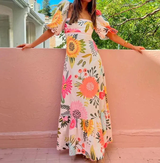 Square Neck Floral Print Puff Sleeve Midi Dress