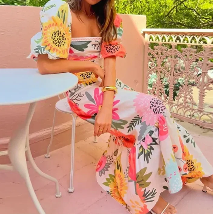 Square Neck Floral Print Puff Sleeve Midi Dress