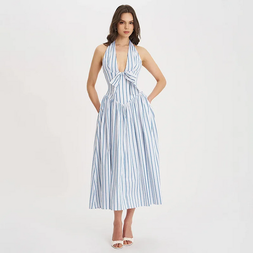 Halter Backless Dress Sexy Striped