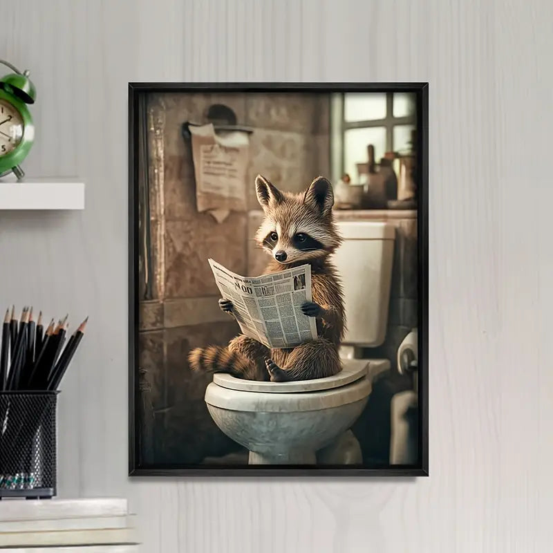 Raccoon Reading Newspapers on Toilet Framed Canvas