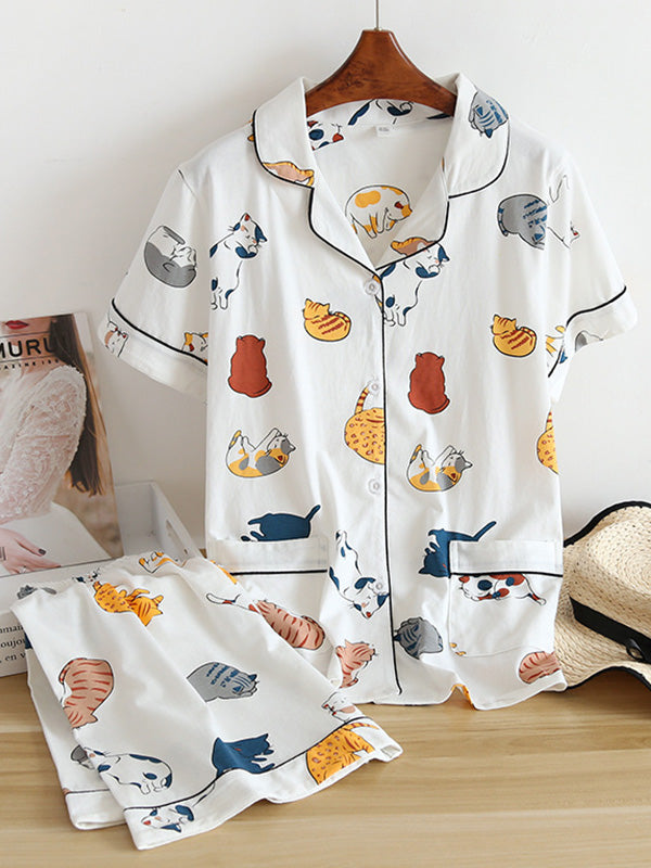 Cat Print Cotton Pajama Set