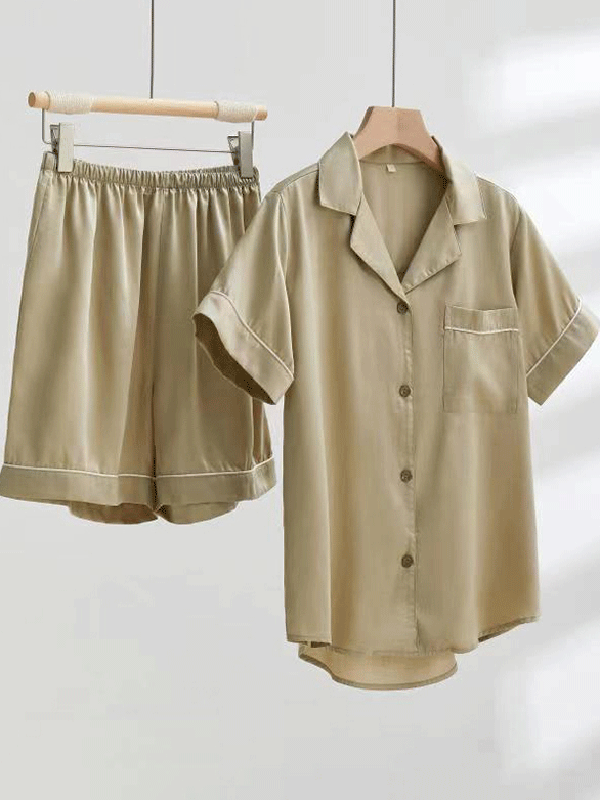 Summer Solid Silk Shirt Shorts Pajamas Set