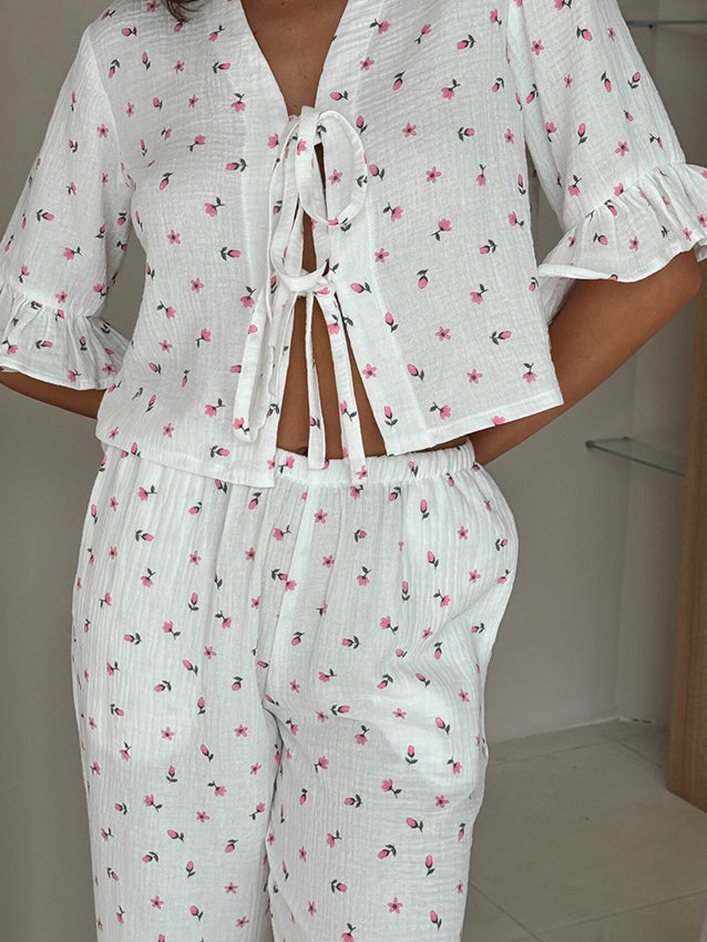 Ruffled Sleeves Print Pajama Set