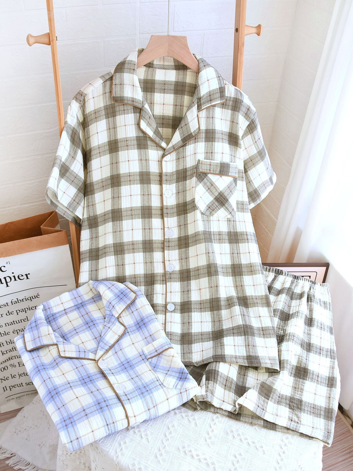 Crepe Plaid Color Block Pajama Set