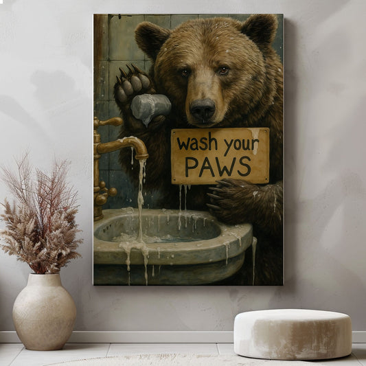Rustic Bear Bathroom Canvas – Wash Your Paws Sign for Cabin