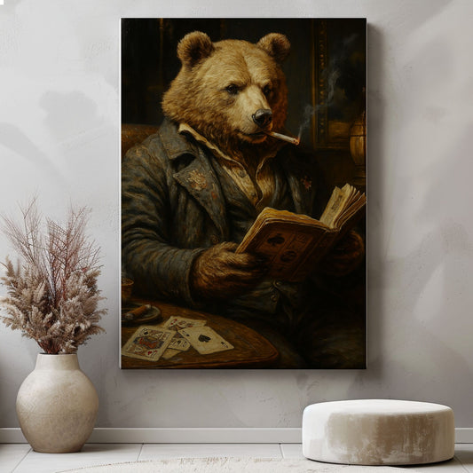 Bear Poker Reading Canvas – Rustic Lodge Wall Art for Hunters
