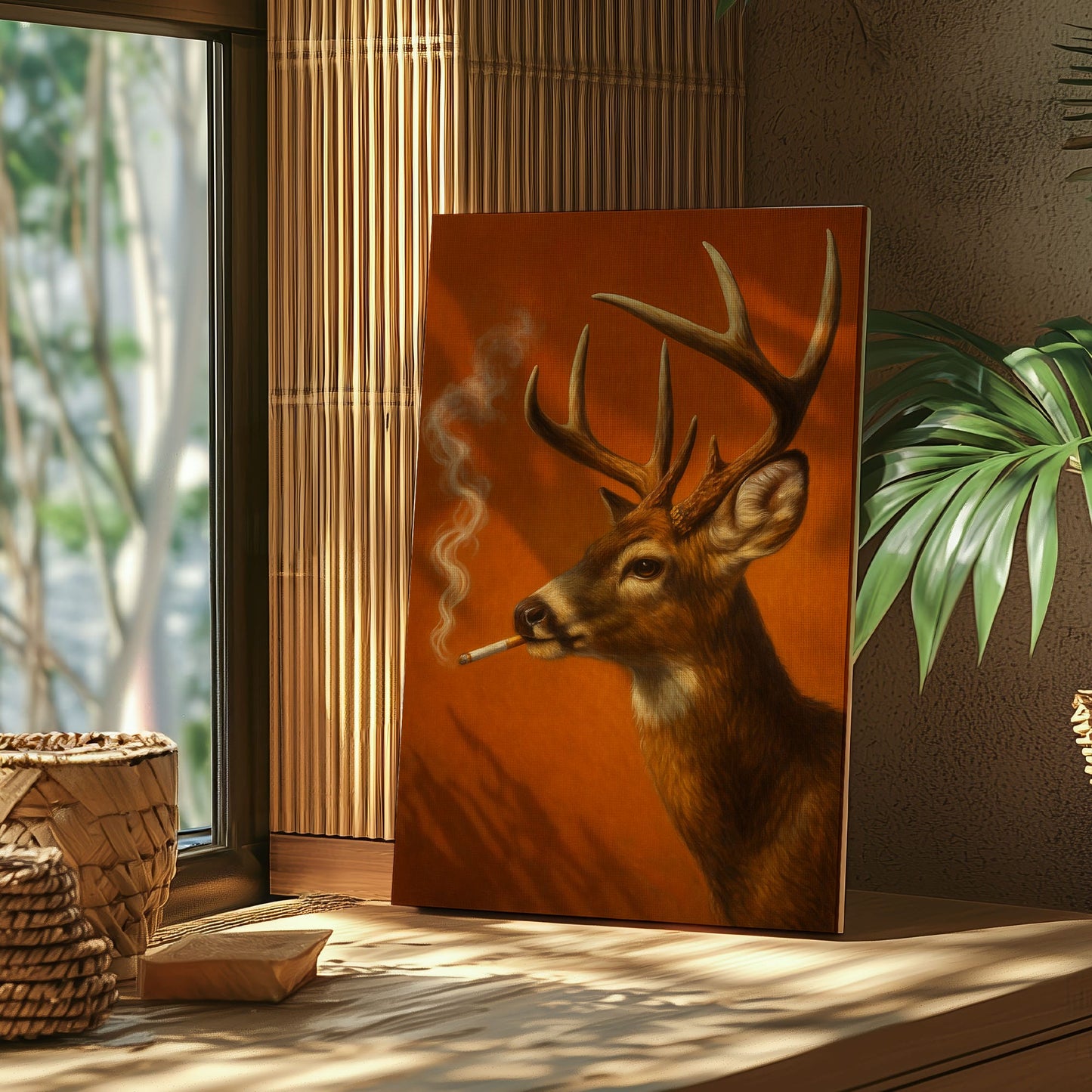 Rustic Deer Smoking Wall Art Cabin Canvas for Hunters