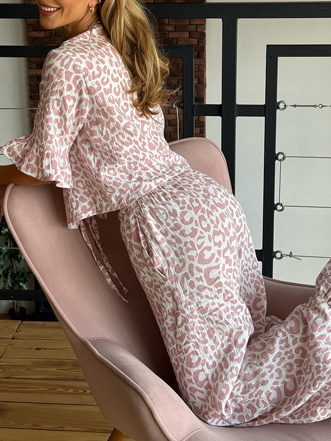 Ruffled Sleeves Print Pajama Set