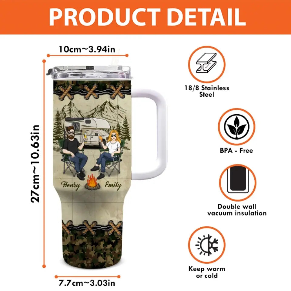 Our Love Story Is A Journey - Camping Personalized Custom 40 Oz Stainless Steel Tumbler With Handle - Gift For Husband Wife, Camping Lovers