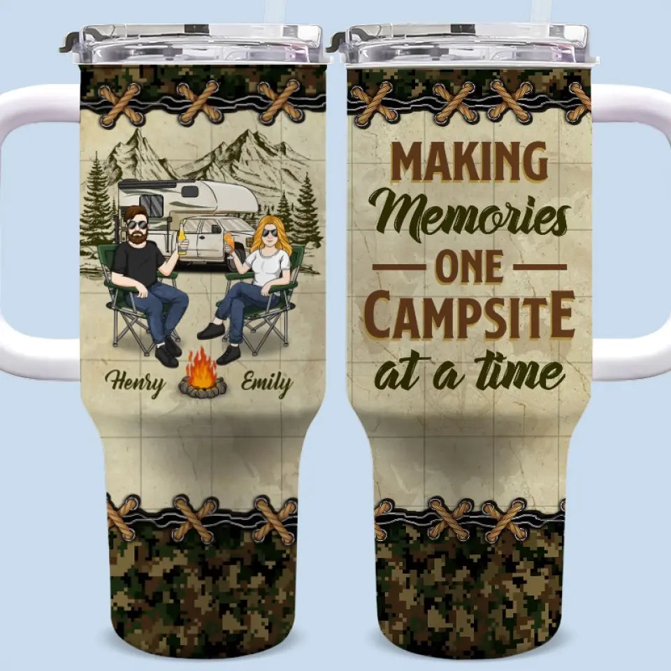 Our Love Story Is A Journey - Camping Personalized Custom 40 Oz Stainless Steel Tumbler With Handle - Gift For Husband Wife, Camping Lovers