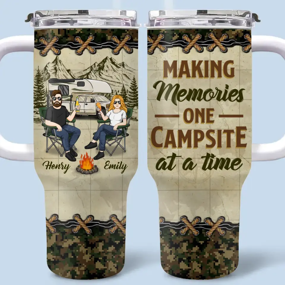 Our Love Story Is A Journey - Camping Personalized Custom 40 Oz Stainless Steel Tumbler With Handle - Gift For Husband Wife, Camping Lovers