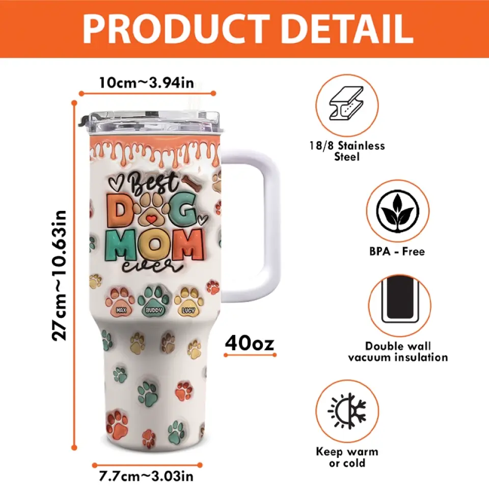 Best Dog Mom Ever AMZ - Dog & Cat Personalized Custom 3D Inflated Effect Printed 40 Oz Stainless Steel Tumbler With Handle - New Arrival, Gift For Pet Owners, Pet Lovers