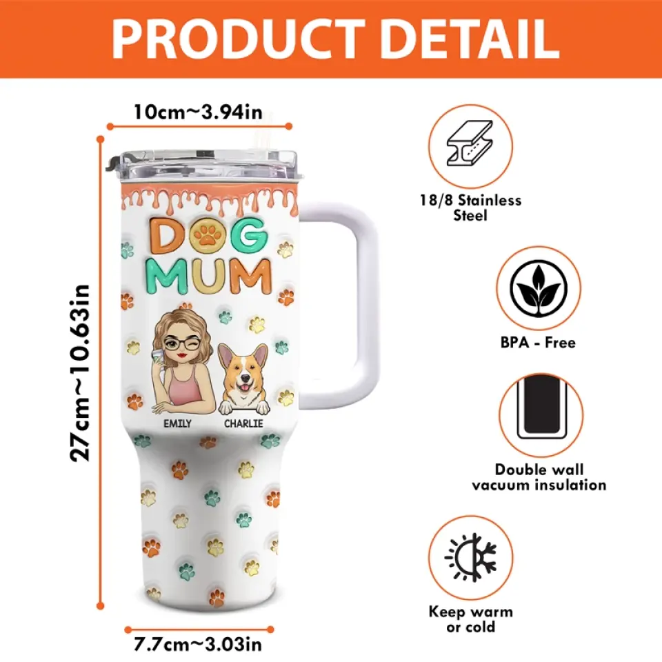 My Happiness Has Four Paws - Dog & Cat Personalized Custom 3D Inflated Effect Printed 40 Oz Stainless Steel Tumbler With Handle - Gift For Pet Owners, Pet Lovers