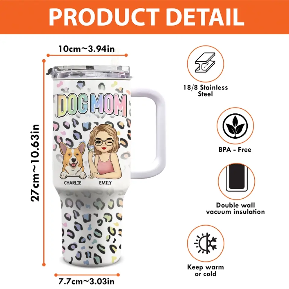 The Queen Pampers Her Pets - Dog & Cat Personalized Custom 3D Inflated Effect Printed 40 Oz Stainless Steel Tumbler With Handle - Gift For Pet Owners, Pet Lovers