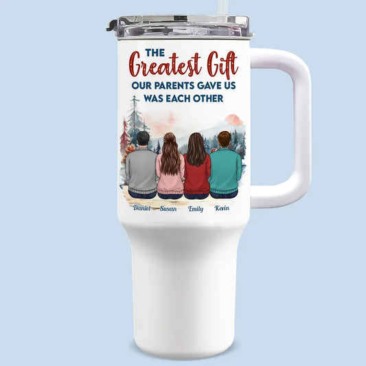 Jingle Bells And Sibling Love - Family Personalized Custom 40 Oz Stainless Steel Tumbler With Handle - Christmas Gift For Family Members, Siblings, Brothers, Sisters