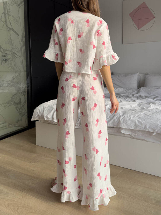 Ruffled Sleeves Print Pajama Set