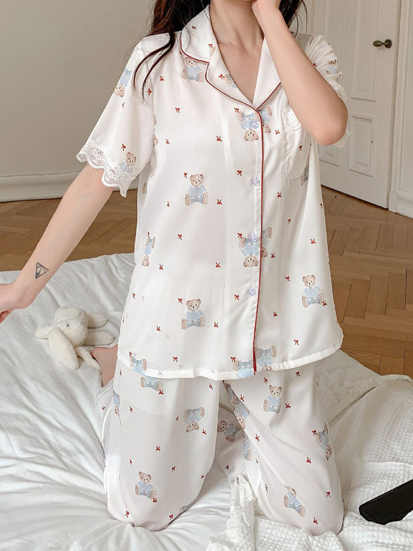 Short Sleeve Lace Trim Bear Printed Pajamas