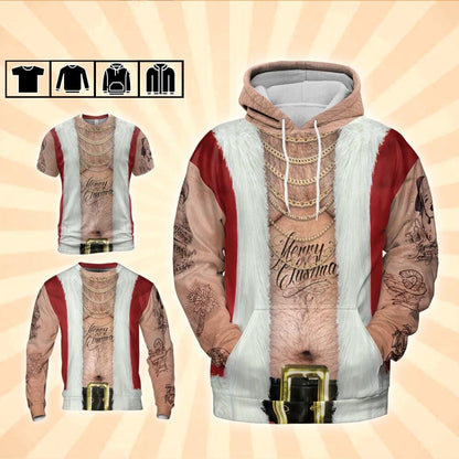 Costume Ugly Santa Hoodie Christmas Ugly Shirt, Hairy Belly