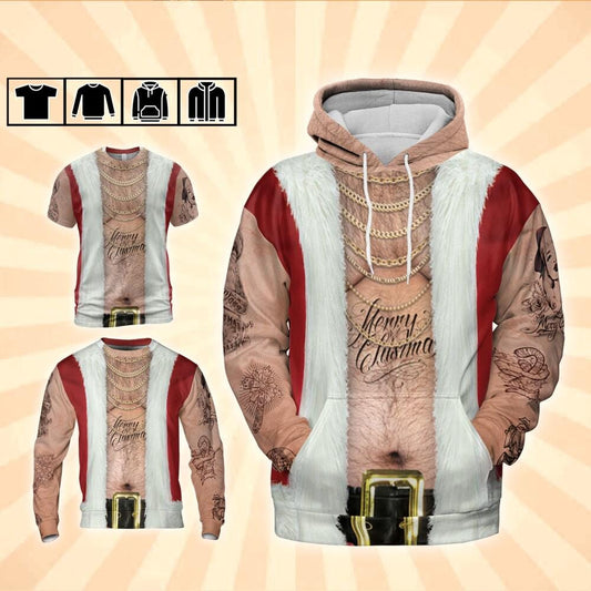 Costume Ugly Santa Hoodie Christmas Ugly Shirt, Hairy Belly