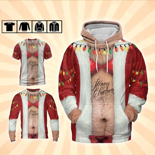 Funny Costume Ugly Fat Santa Tanktop Hoodie, Christmas Ugly Hairy Belly