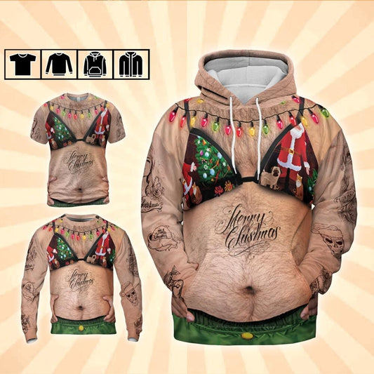 Costume Ugly Fat Bikini Green Hoodie, Christmas Ugly Hairy Belly Shirt