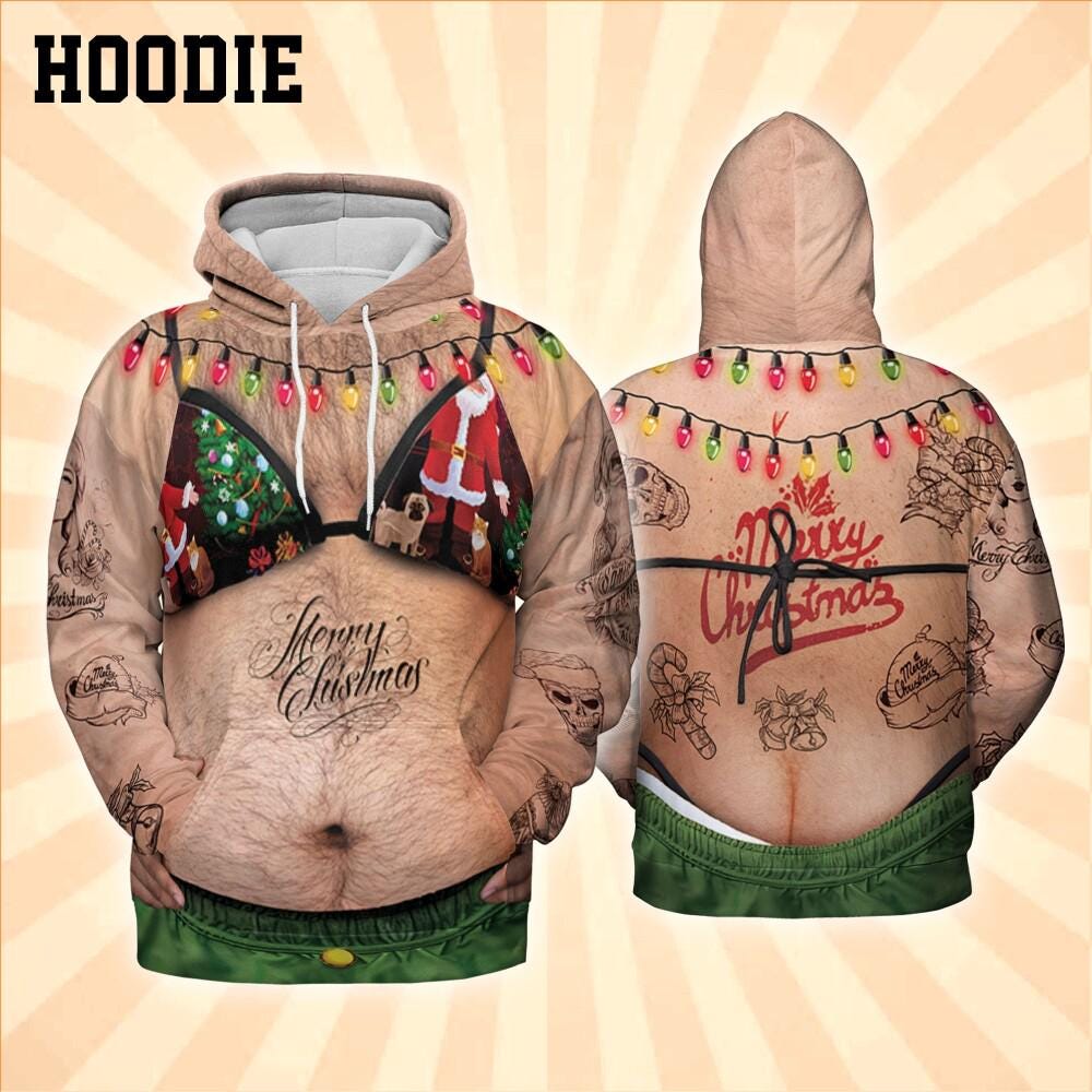 Costume Ugly Fat Bikini Green Hoodie, Christmas Ugly Hairy Belly Shirt
