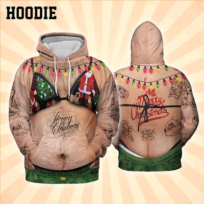 Costume Ugly Fat Bikini Green Hoodie, Christmas Ugly Hairy Belly Shirt