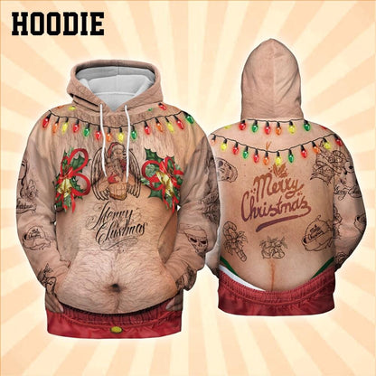 Costume Ugly Fat Bikini Mistletoe Hoodie, Christmas Ugly Hairy Belly