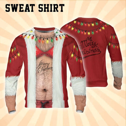 Funny Costume Ugly Fat Santa Tanktop Hoodie, Christmas Ugly Hairy Belly