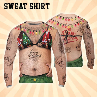 Costume Ugly Fat Bikini Green Hoodie, Christmas Ugly Hairy Belly Shirt