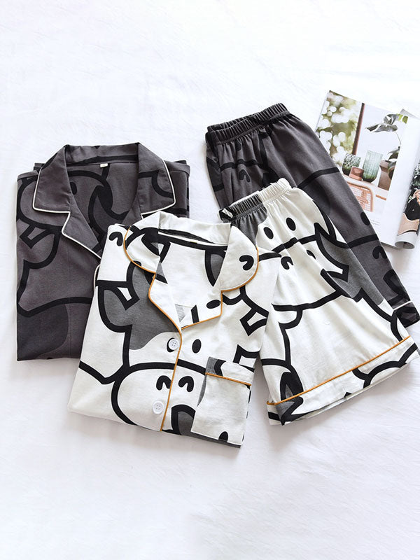 Cartoon Cow Print Button Up Pajama Set