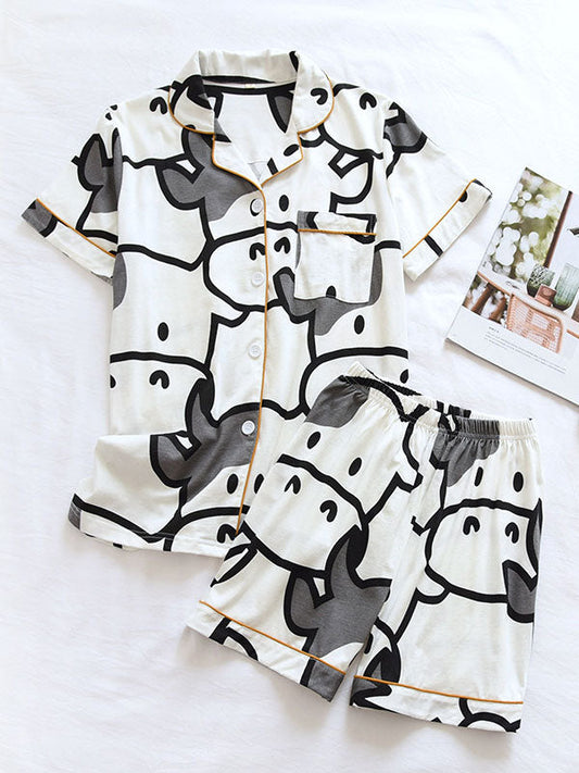 Cartoon Cow Print Button Up Pajama Set