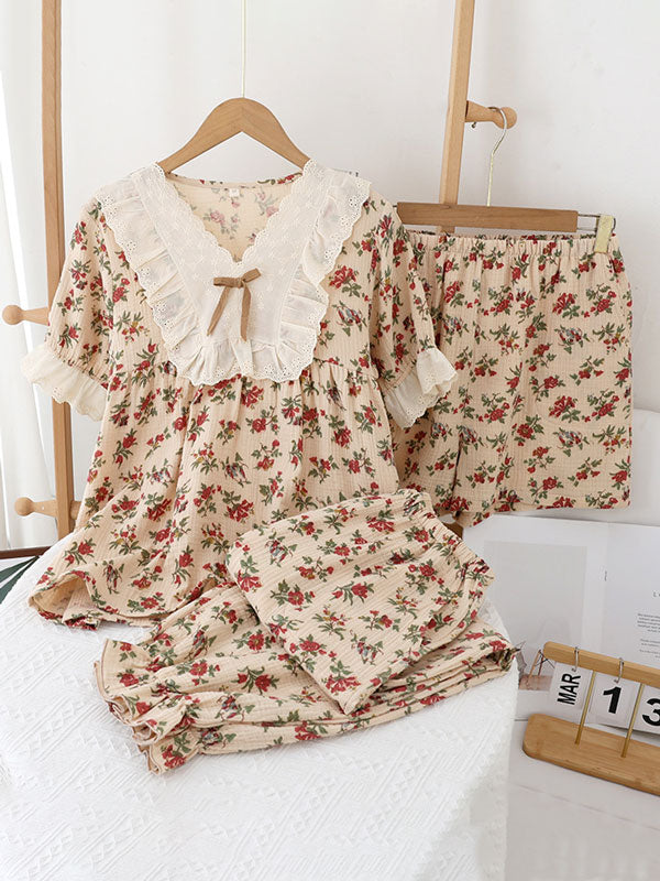 3Pcs Cotton Vintage Floral Print Pajamas