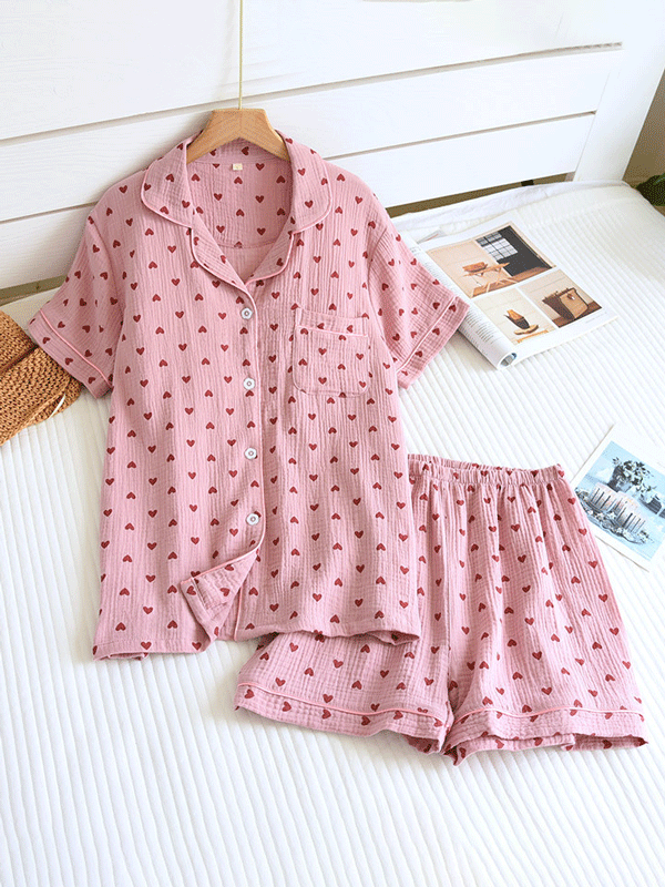 Short Sleeve Heart Print Cotton Pajama Set