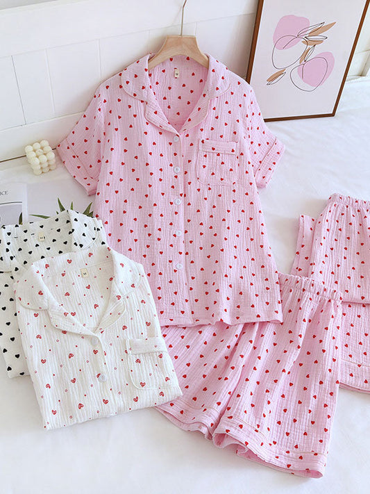 Short Sleeve 3 Pieces Heart Print Pajama Set