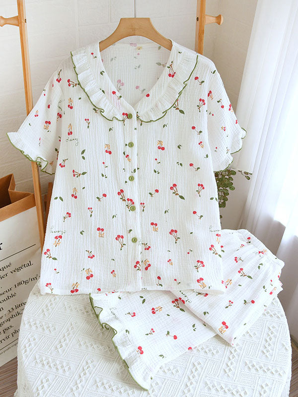 Cherry Print Color Block Cotton Cotton Pajamas