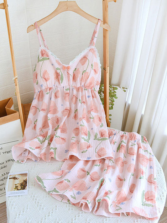 Floral Cotton Camisole Pajama Shorts Set