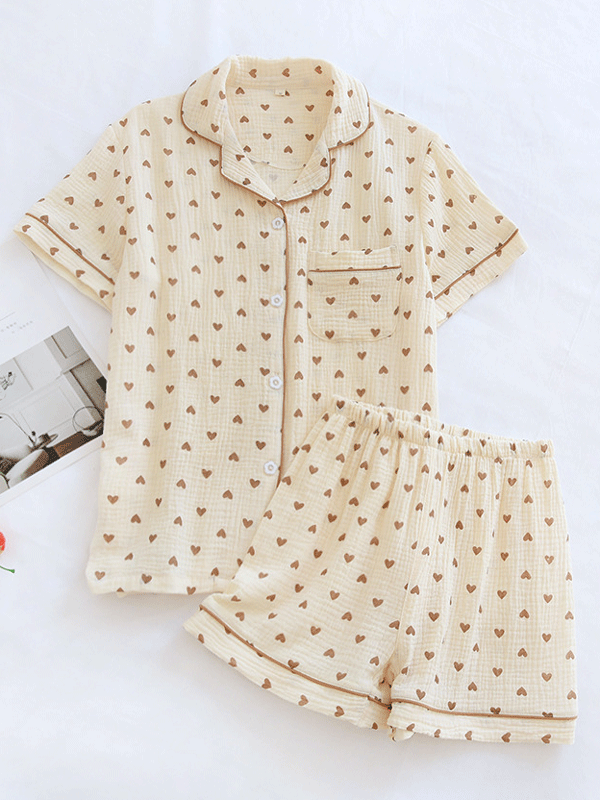 Short Sleeve Heart Print Cotton Pajama Set