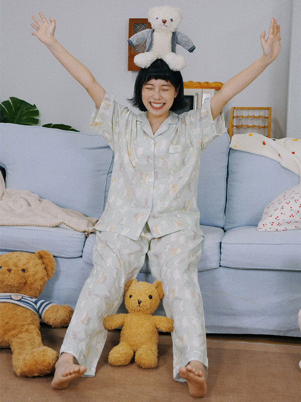 Short Sleeve Cotton Cartoon Cat Print Pajamas Set