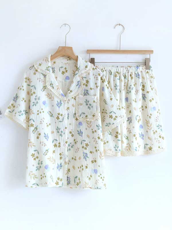 Lace Trim Floral Print Cotton Pajama Set