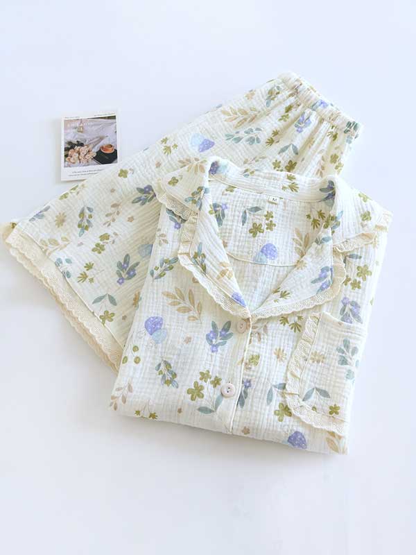 Lace Trim Floral Print Cotton Pajama Set