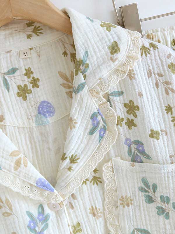 Lace Trim Floral Print Cotton Pajama Set