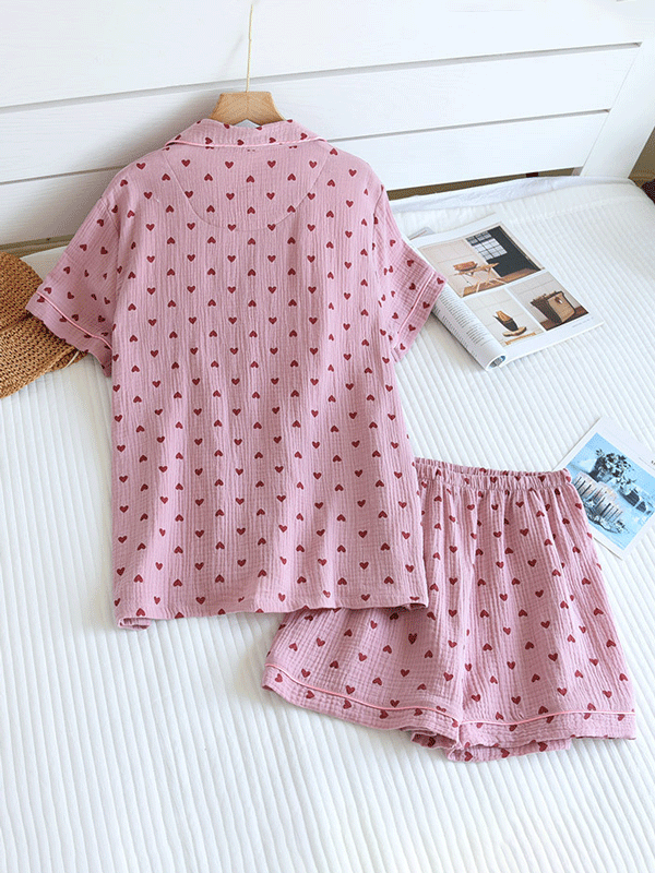 Short Sleeve Heart Print Cotton Pajama Set